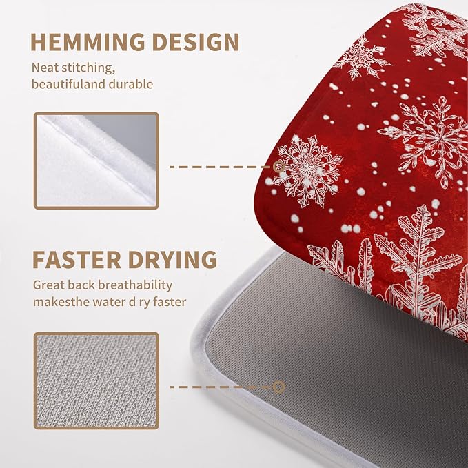 Christmas Dish Drying Mat for Kitchen Counter 16x18 Inch Red Snowflake Xmas Drying Pad Winter Holiday Dish Draining Mat Absorbent Microfiber Dish Drainer Rack Mat for Coffee Bar Kitchen