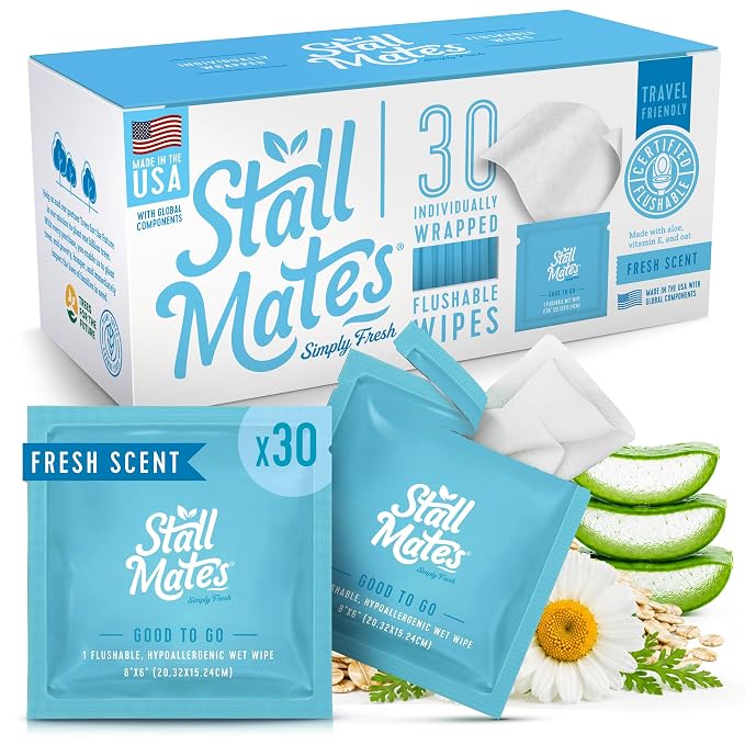 Stall Mates - Flushable Wipes, Individually Wrapped, Travel Friendly, Scented with Cucumber, Vitamin-E & Oat, (30 on-the-go singles)