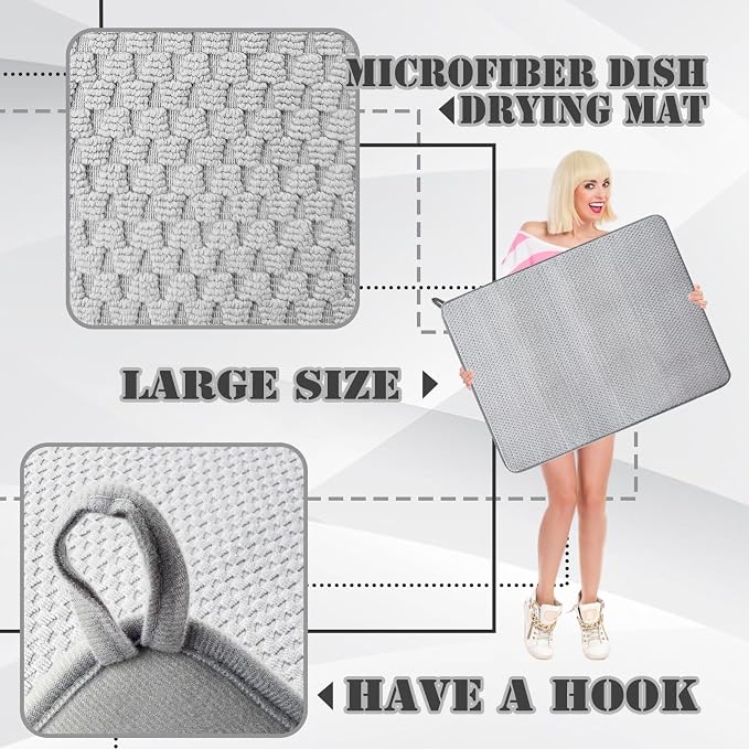 2 Pack Extra Large Microfiber Dish Drying Mat,30 x 24 Inch Super Absorbent Drying Pad,Large Size Dish Drying Mat for Countertops,Sinks,Draining Racks,Gray