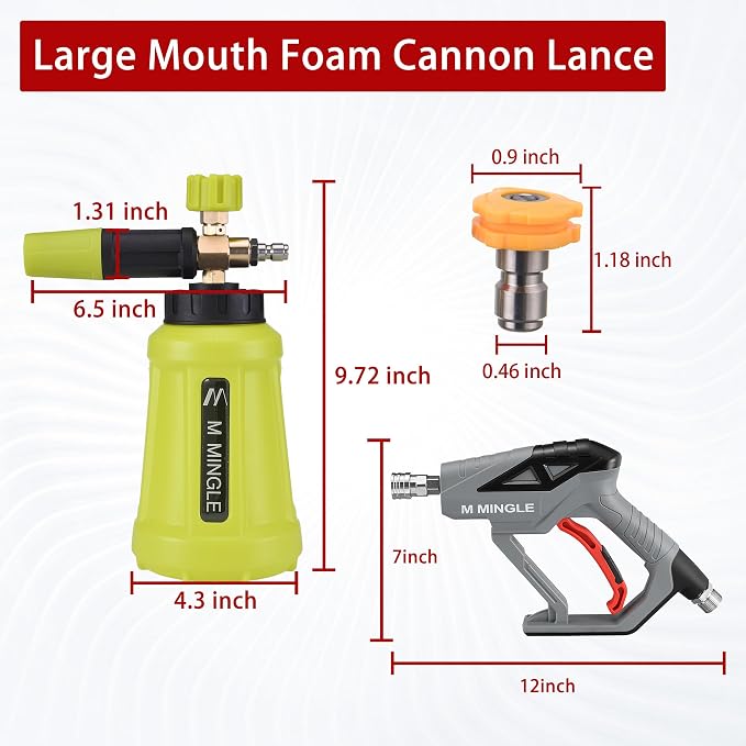 M MINGLE High Pressure Washer Gun Snow Foam Lance, 4000 PSI, 1 Liter | Foam Blaster with 1/4" Quick Connector, Car Wash Foam Cannon Kit with 5 Nozzle Tips & M22 Adapter, Generates Thick Foam