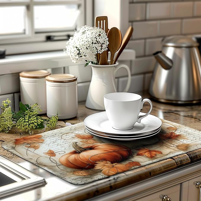 Fall Dish Drying Mat for Kitchen Counter Autumn Thanksgiving Orange White Pumpkin Drying Mats Vintage Maple Leaves Holiday Dish Draining Mat Microfiber Absorbent Dish Rack Pad 18x24 Inch
