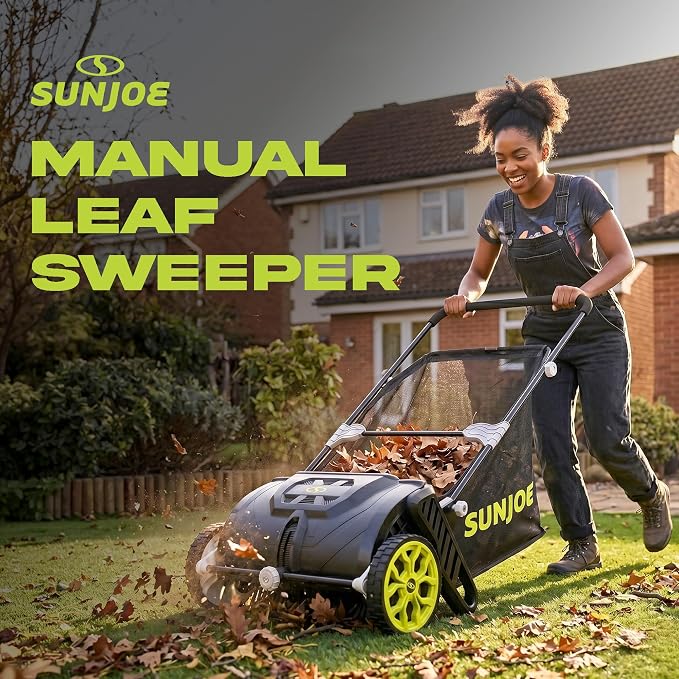 Sun Joe Manual Leaf Sweeper & Lawn Sweeper, 21 in. Push Sweeper with 22-Gal Collection Bag, Adjustable Height, Lightweight, No Battery or Gas Needed
