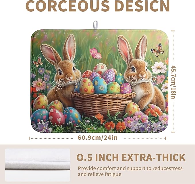 Easter Bunny Eggs Dish Drying Mat for Kitchen Counter 18x24 Inch Spring Easter Rabbit Flowers Large Drying Mat Microfiber Dish Drainer Rack Mats Absorbent Reversible Dishes Pad Dish Dryer Mat