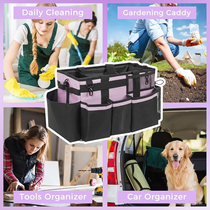 SCAVATA Wearable Cleaning Caddy, Cleaning Caddy Supplies Organizer with Handle & Shoulder Straps for Housekeepers, Under Sink & Car Cleaning Tool Organizers Bag with 4 Foldable Divider (Lilac)