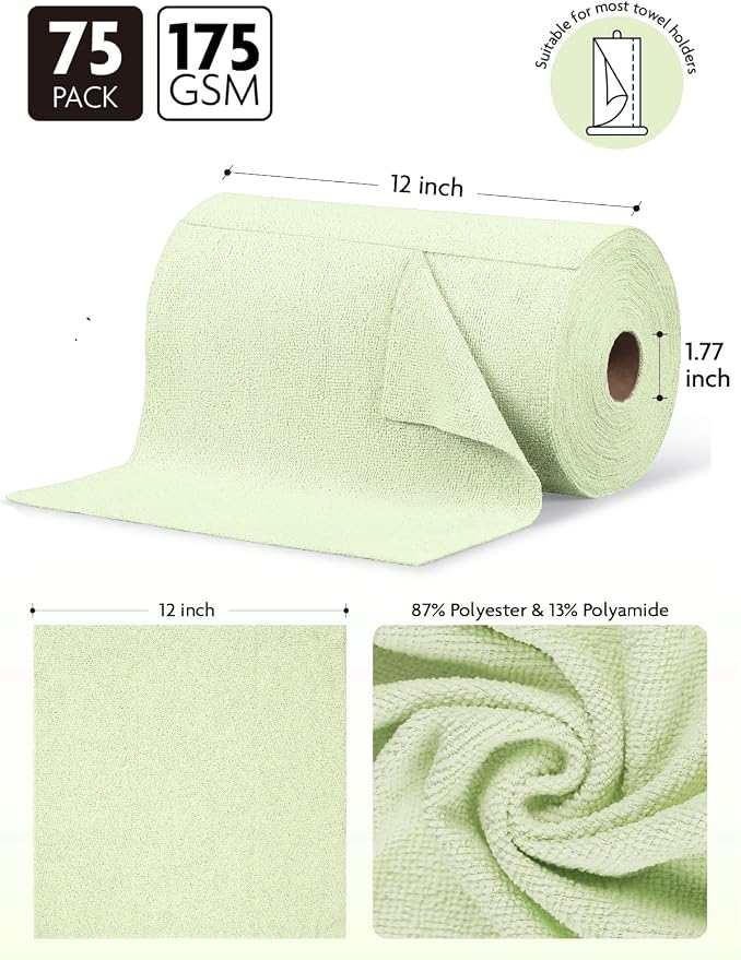 Fantasticlean Microfiber Cleaning Cloth Roll- 75 Sheets, 12" x 12" (Green) | Super Absorbent, Lint-free, Tear-away Microfiber Towel Roll, for All-Purpose Cleaning, Reusable Alternative to Paper Towels