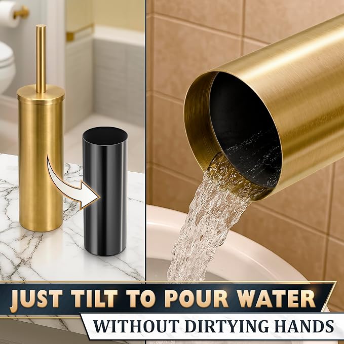 Stainless Steel Toilet Brush and Holder Set, Splash Guard (Gold) | Toilet Bowl Brush and Holder, Removable Inner Bowl, Dense Bristles, Long Handle, Scratch Resistant, for Modern Bathrooms
