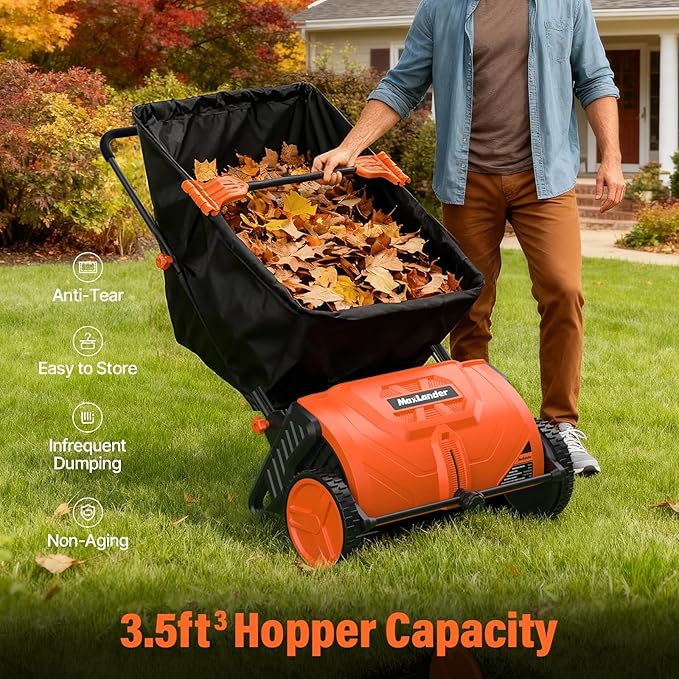 MAXLANDER 21-Inch Push Lawn Sweeper with 3.5 Cu.Ft. Collection Hopper, Manual Leaf & Grass Sweeper, Adjustable Brush Height for Lawn, Yard and Garden Cleanup Grass Catchers