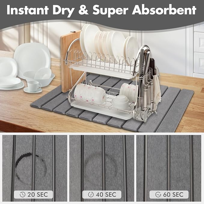 Large Stone Dish Drying Mat for Kitchen Counter, Eco-friendly, Instant Drying Pad,Diatomaceous Earth Water Absorbing Mat, Foldable and Super Absorbent Dish Drying Stone Mat, 24"×16", Dark Gray