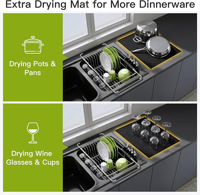 JASIWAY Dish Drying Rack in Sink with Mat, Expandable Stainless Steel Dish Drainers for Kitchen Counter, Space Saving Dish Dryer Rack for Inside Sink, Over Sink Dish Racks with Utensil Holder