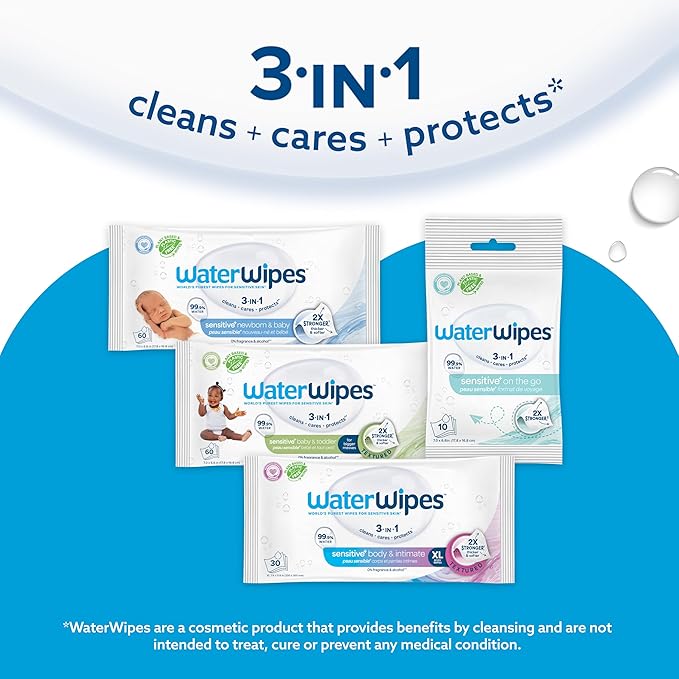 WaterWipes Sensitive+ Newborn & Baby Wipes, 3-In-1 Cleans, Cares, Protects, 99.9% Water, Unscented & Hypoallergenic, 900 Count (15 Packs)
