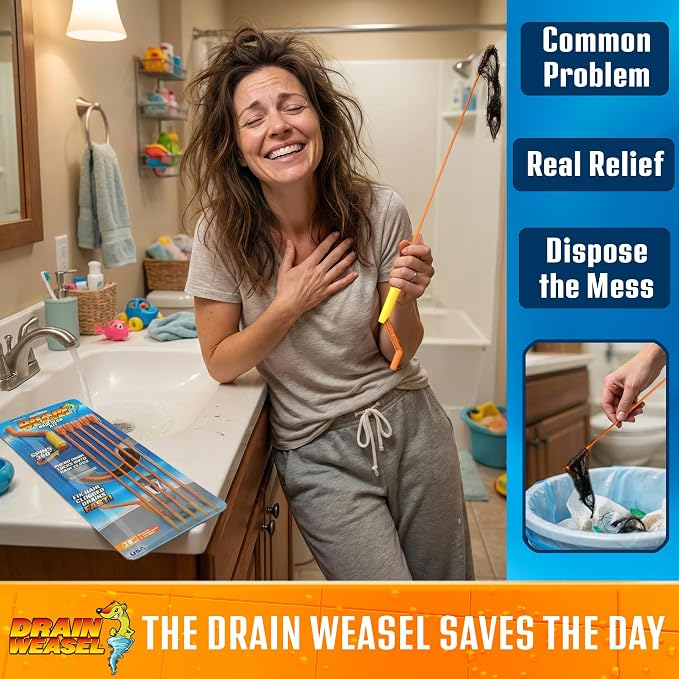 FlexiSnake Drain Weasel Sink Snake Hair Clog Remover Tool Kit, 10 Wands | Pipe, Bathroom, Bathtub Cleaner, 18-inch Long Refills, Flexible, Removable Handle, Made in The USA