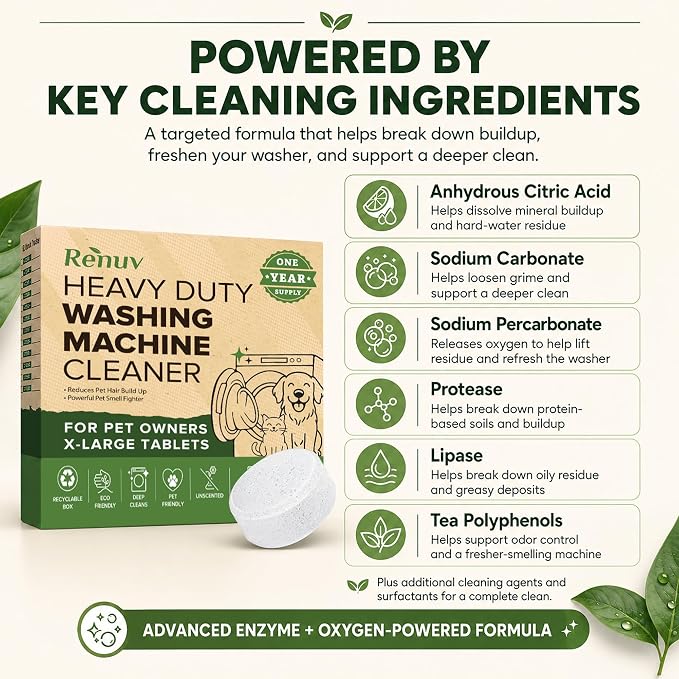 Renuv® Heavy Duty Washing Machine Cleaner For Pet Owners, 12 XL Tablets | For Dog & Cat Hair, Removes Stink, Odor, Residue, Grime, Front Load or Top Load Washer, HE and Septic Safe, 1 Year Supply