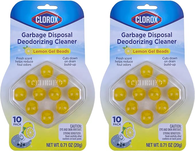 Clorox Garbage Disposal Cleaner and Deodorizer Beads, Lemon-Scented 2-Pack (20 count), freshener for sinks and drains, degreases and cleans disposals