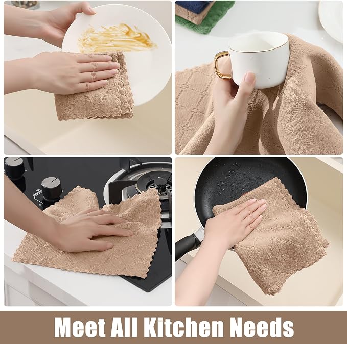 Homaxy Kitchen Towels and Dishcloths Set, 10 x 10 and 13 x 19 Inches, Set of 12 Super Soft and Absorbent Coral Velvet Kitchen Towels, No Lint and Nonstick Oil Fast Drying Dish Towel, Tan