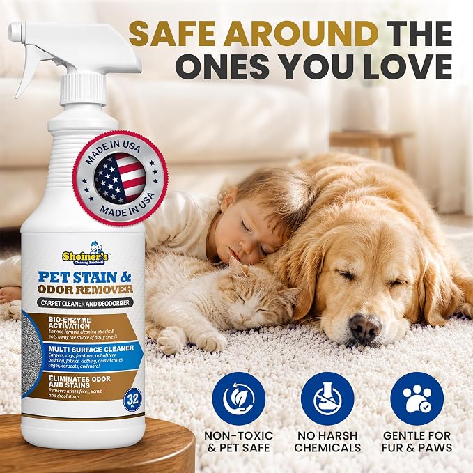 Sheiner's Pet Stain Remover & Pet Odor Eliminator, Advanced Cleaning Bio-Enzyme Cleaner Solution for Carpets, Rugs, Upholstery & Multi-Surfaces, Safe for Pets & Kids. (32 oz)