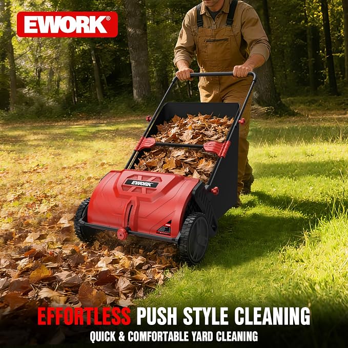 EWORK Push Lawn Sweeper, 26-INCH Leaf Sweeper for Lawn Push with 3.5 cu.ft.Hopper Bag, Adjustable Brush Height, Lightweight Walk Behind Lawnsweeper & Leaf Collector for Yard & Garden Clean