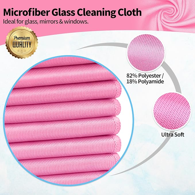 Microfiber Cleaning Cloth, 12 Pack Window Glasses Cleaning Cloth, Reusable Lint-Free Streak Free Polishing Cloth Wipes for Stainless Steel, Eyeglasses, Mirrors, Screens & Lenses,12"*12" Pink