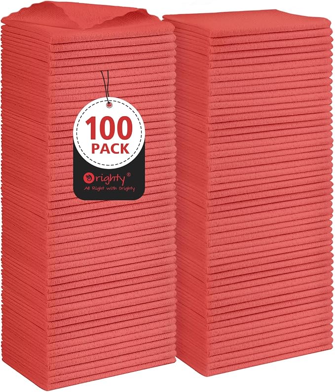 Orighty Cleaning Cloths, Shop Towels 100 Pack, Shop Rags Reusable, Microfiber Cleaning Rags Bulk for Cars, Multi-Purpose Lint Free Towels for Automotive, Mechanic, Kitchen, 11.5’’ x 11.5’’, Red | Microfiber Towels for Cars, Multi-Purpose Shop Towels, S...