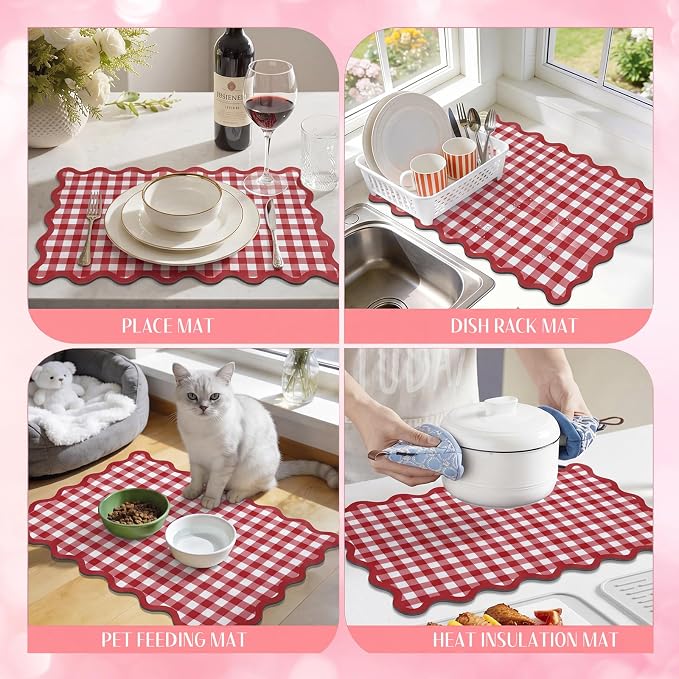 Scalloped Gingham Coffee Mat 12" x 20" Absorbent Coffee Bar Mat Gingham Espresso Matt for Counter(Red)