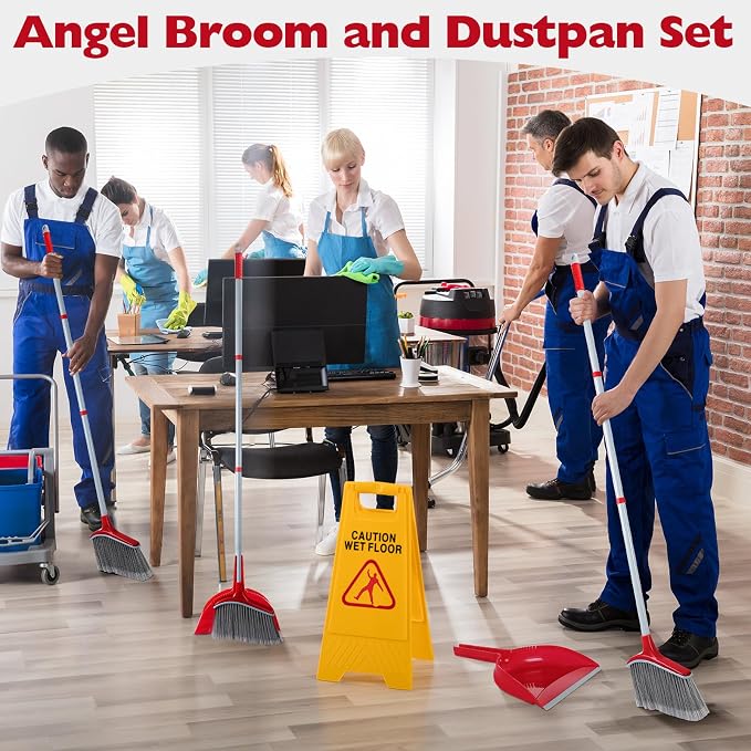 Meanplan 6 Pcs Angle Broom and Dustpan Combo Set for School Classroom 54 Inch Outdoor Indoor Cleaning Broom Commercial Broom with Step-on Dustpan for Home Kitchen Office Floor Dirt Dust Hair Cleaning