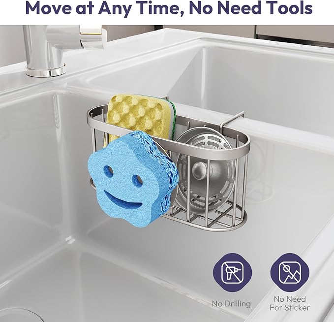 SWTYMIKI Sponge Holder for Kitchen Sink - Movable Sink Caddy with Smiley Face Sponge Holder, Rustproof Hanging Sponge Organizer in Double Bowl Sinks Depth>3.15in, Middle Divider<1.5in, Sand Nickel