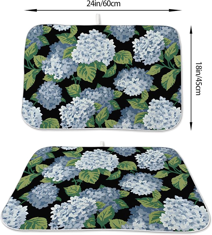 Spring Floral Dish Drying Mat 18x24 Inches For Kitchen Counter Absorbent Black Blue Hydrangea Flower Kitchen Decoration Summer Floral Drying Mat Pad For Home Kitchen,Dining Room,Office Decor