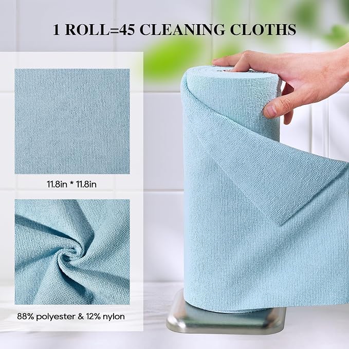 Microfiber Cleaning Cloth Roll 45 Pack, 12"×12", Reusable, Tear Away, Blue | Washable Paper Towels, Highly Absorbent, Lint Free, All-Purpose Washable Cleaning Rags for Kitchen, Window, Car, Shop