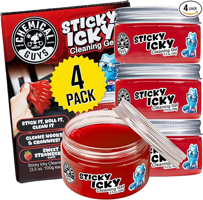 Chemical Guys, Sticky Icky Cleaning Gel, Sweet Strawberry, 0.88 oz, 4 Pack | Reusable gel presses into vents, cup holders and crevices to lift dust and crumbs, sweet strawberry, four pack