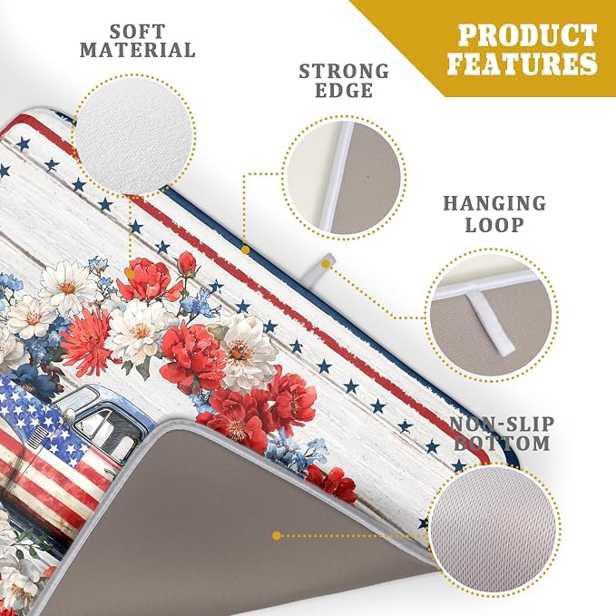 Patriotic Truck Dish Drying Pad 4th of July Drying Mat for Kitchen Counter Coffee Bar Sinks 18 X 24 Inch