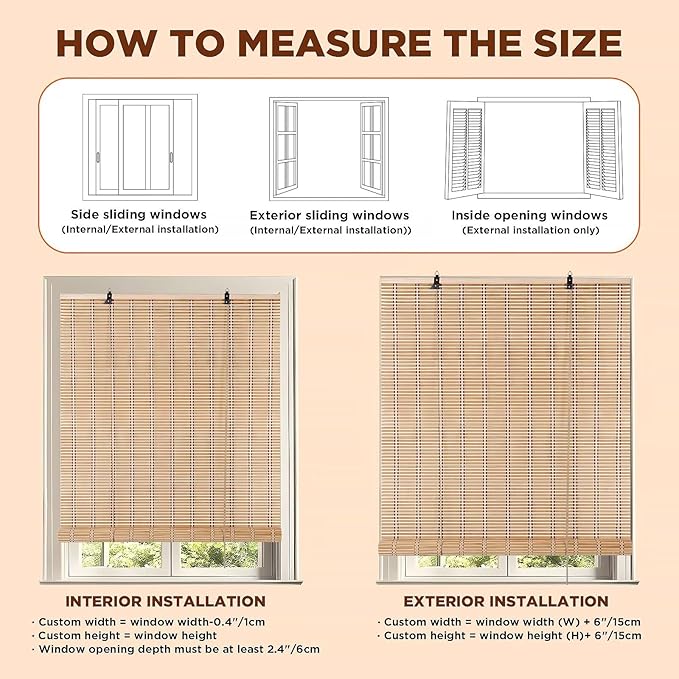 Bamboo Blinds for Interior Windows, 45"W X 48"H Bamboo Roller Shades Indoor | Roll Up Shades Light Filtering for Outdoor Patio, Decks, Porch, Backyards Natural Bamboo Material, Easy to install