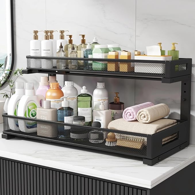 2 Pack 20.47IN Depth Under Sink Storage Organizer, Large 2-Tier Elegant Mesh Pull Out Shelf for Kitchen and Bathroom Cabinet Organization, L-Shaped and Adjustable Height Design-Black