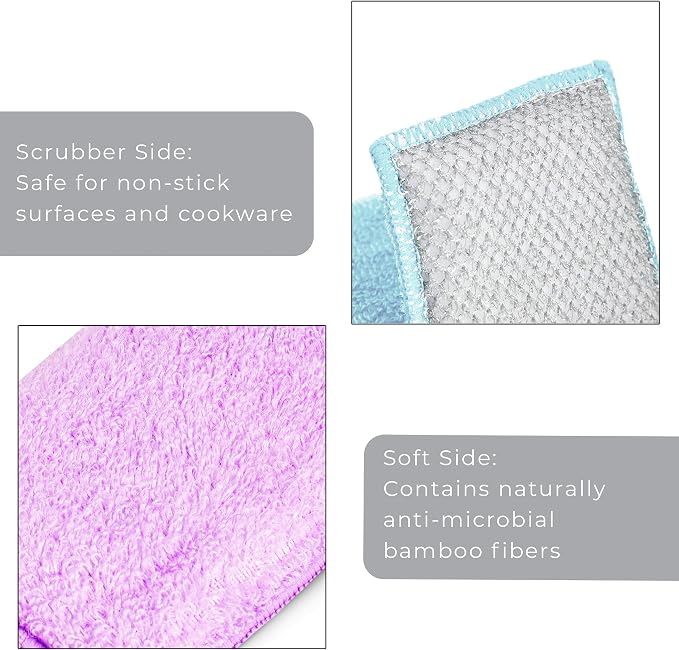 Smart Design Non Scratch Scrub Sponge with Bamboo Odorless Rayon Fiber - Set of 6 - Ultra Absorbent - Soft and Scrubber Side - Cleaning, Dishes, and Hard Stains - Pastel - Blue, Purple, Pink