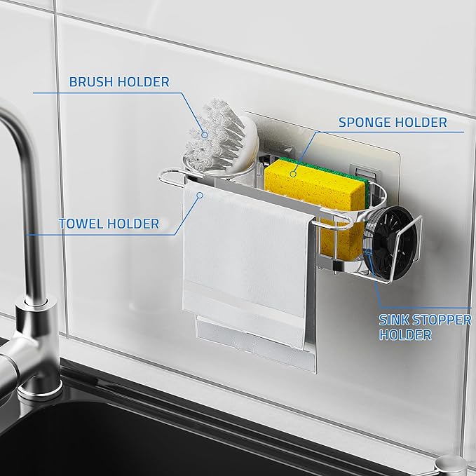 Cisily Kitchen Sink Caddy Sponge Holder in The Sink, Stainless Steel Kitchen Sink Organizer, Brush Holder, Dish Cloth Hanger, Sink Stopper Holder (Suction cup-Silver)