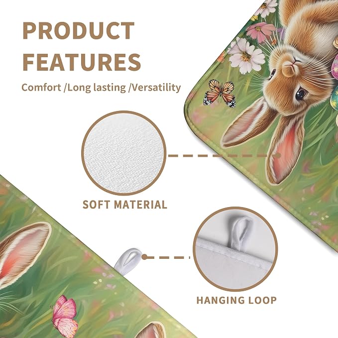 Easter Bunny Eggs Dish Drying Mat for Kitchen Counter 18x24 Inch Spring Easter Rabbit Flowers Large Drying Mat Microfiber Dish Drainer Rack Mats Absorbent Reversible Dishes Pad Dish Dryer Mat