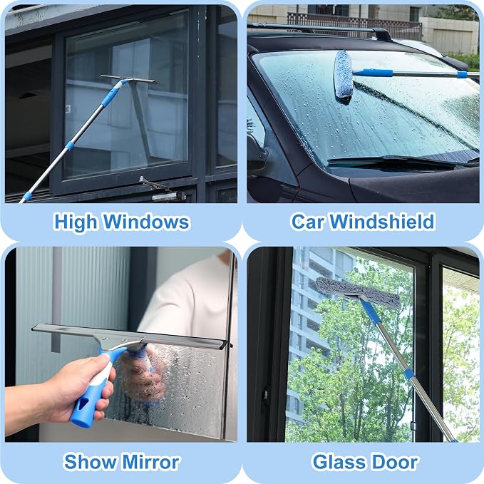 Mitclear 77'' Long Squeegee Window Cleaner Tool for Indoor Outdoor Windows | Professional Window Cleaning Kit with Extension Poles for High Windows Car Windshield Shower Glass Door Solar Panel