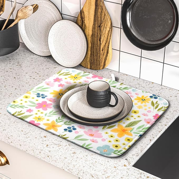 Spring Dish Drying Mat for Kitchen Counter Cute Floral Summer Holiday Microfiber Absorbent Dish Draining Reusable Washable Foldable 16"x18"