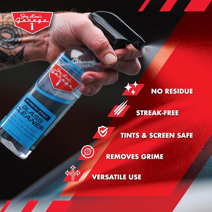 Jay Leno's Garage Glass Cleaner Spray Streak-Free Auto Glass Cleaner for Cars, Automotive Window Cleaner for Car Windows, Windshields & Mirrors 16 oz (Pack of 2) (16 oz (Pack of 2))