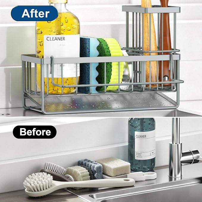 Sponge Holder for Kitchen Sink, Kitchen Sink Caddy, Kitchen Sink Sponge Holder, Dish Sponge Holder, Kitchen Sink Organizer for Sponge, Dish Brush, Scrubber(9.65" x 3.74" x 6.3", Gray)
