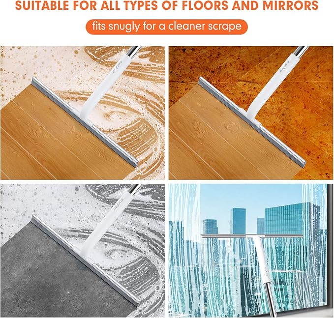 JOYBOS Rubber Floor Squeegee for Smooth Surface Concrete Floor, Tile Floor, Heavy Duty Garage Shower Floor Squeegee Broom for Removing Water, Commercial Scrubber Mop with Adjustable Long Handle (XL)