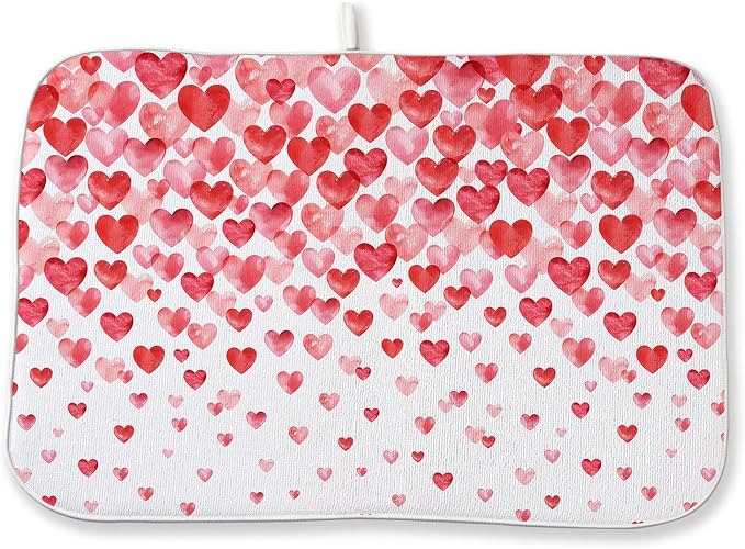 Valentines Dish Drying Mat 18x24 Inch Watercolor Red Pink Love Hearts Drying Mat Anniversary Day Holiday Absorbent Dish Drying Pad Dish Rack Drainer Mats for Kitchen Dining Counter