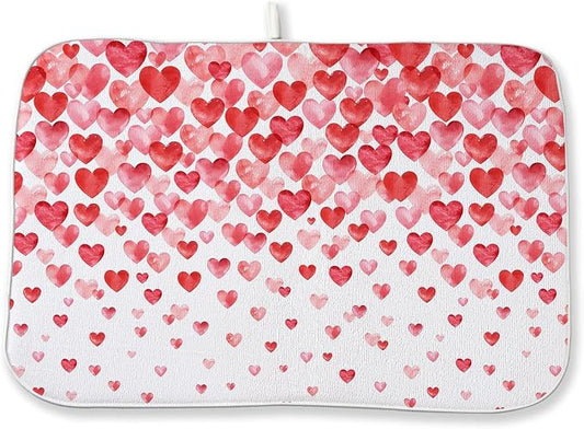 Valentines Dish Drying Mat 18x24 Inch Watercolor Red Pink Love Hearts Drying Mat Anniversary Day Holiday Absorbent Dish Drying Pad Dish Rack Drainer Mats for Kitchen Dining Counter