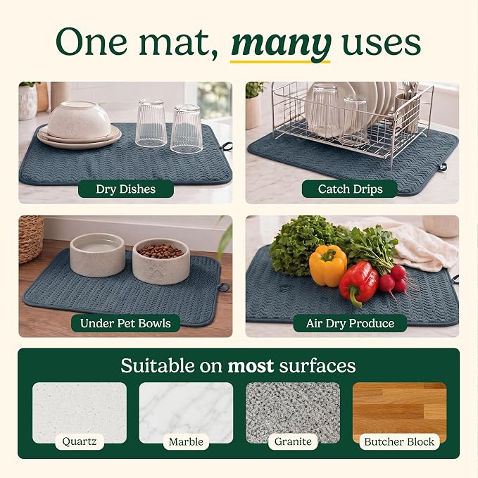 Cuisinart Dish Drying Mat for Kitchen Counter - 2-Pack XL 18x24 Ultra Absorbent Microfiber Dish Mat - Fast Drying, Machine Washable, Foldable Countertop Pad - Safe for Granite & Quartz
