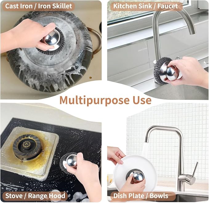 5Pcs Steel Wool Scrubber with Replacement Wire Sponge Pads Set, Stainless Steel Scrubber with Handle for Scouring Stubborn Messes from Cast Iron, Pots, Pans, Grill, Stoves, Sink(1 Scrubber+4 Pads)