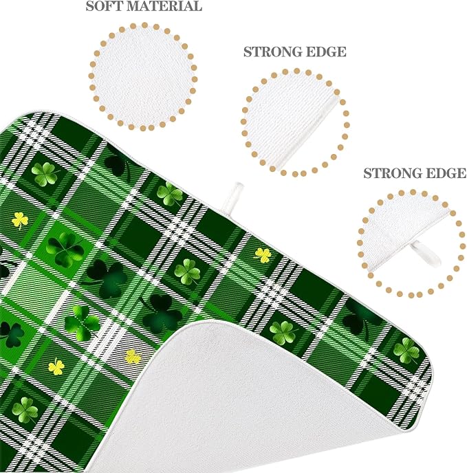 St Patricks Day Dish Drying Mat 18x24 Inch Green Lucky Shamrock Buffalo Plaid Drying Mat Checkered Spring Holiday Absorbent Dish Drying Pad Dish Rack Drainer Mats for Kitchen Dining Counter