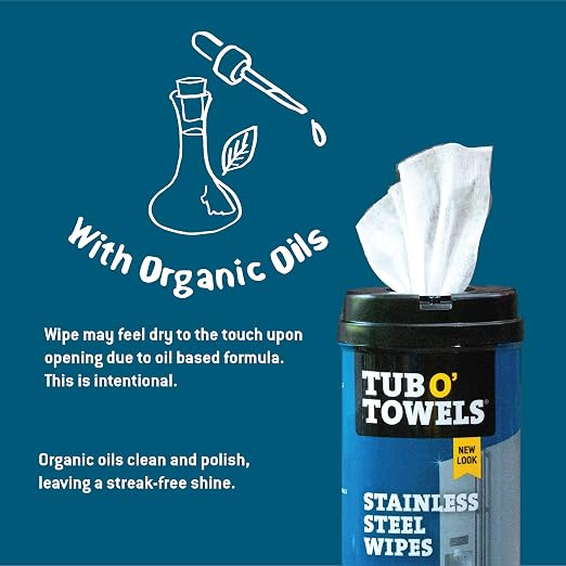 Tub O' Towels Heavy Duty Stainless Steel Cleaner Wipes – 40 Count Cleaning Wipes with 12 x 12 Microfiber Cloth for Appliances, Metal & Kitchen Surfaces