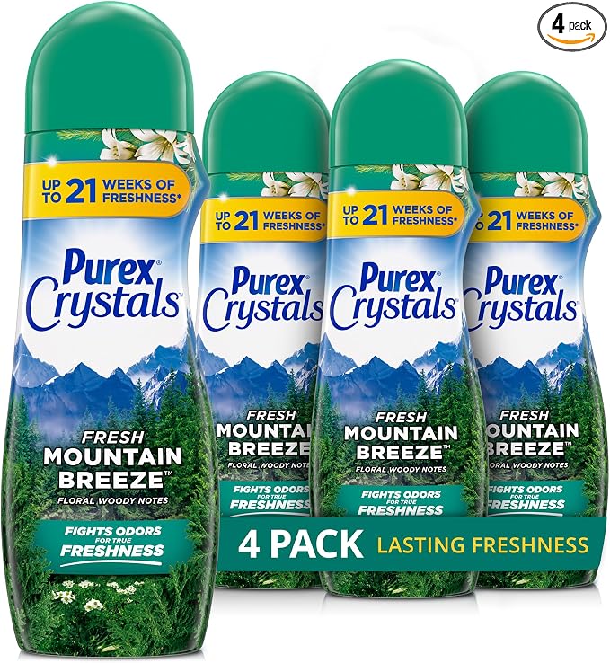 Purex Crystals In-Wash Scent Booster, Fresh Mountain Breeze, 21 oz (Pack of 4), Long-Lasting Freshness & Odor Elimination Technology