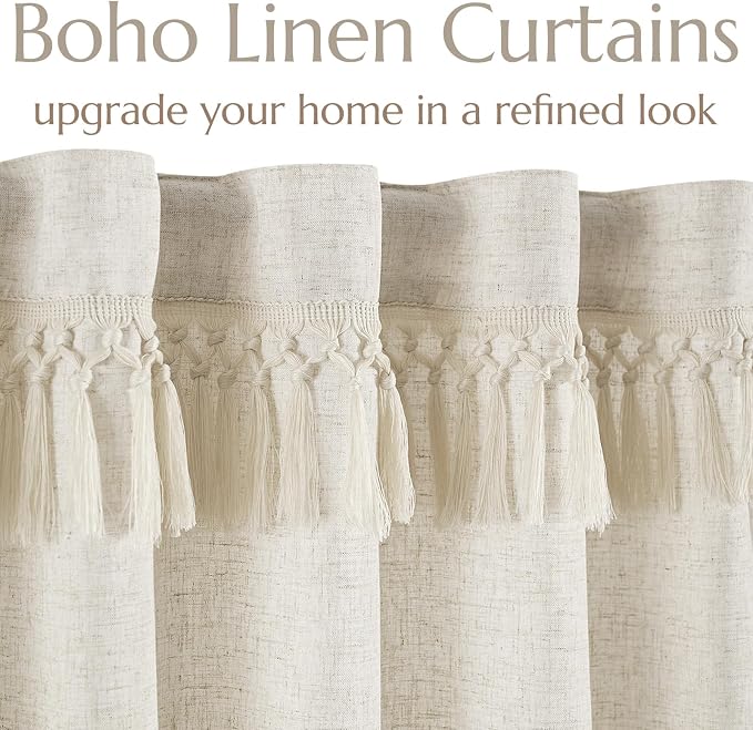 jinchan Tassel Linen Tier Curtain, Back Tab, 50x36, 1 Panel, Natural | Light filtering, rod pocket, cafe curtains, machine washable, small window treatment, boho style, kitchen, laundry room