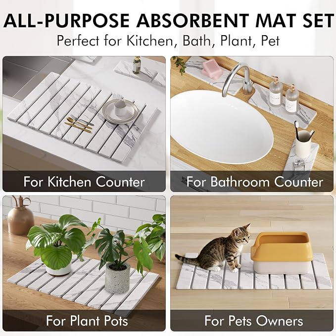 4 Pcs Diatomaceous Earth Dish Drying Mat Set, 24''x16'' Stone Dish Drying Mat, Faucet Mat and 2 Coasters for Kitchen Counter, Super Absorbent Quick Dry Mats for Dishes Bottles Cups