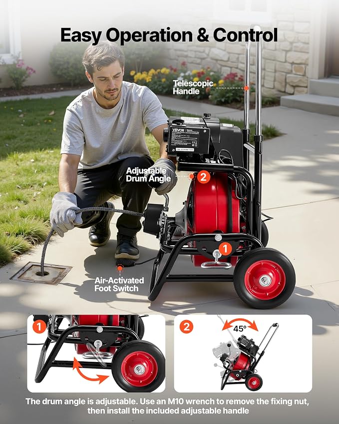 VEVOR Drain Cleaner Machine 100 FT x 3/8 Inch, Auto Feed Sewer Snake Auger, Portable Drain Cleaning Machine with Climbing Wheels, Adjustable Drum, 8 Cutters & Foot Switch for 2" to 4" Pipes