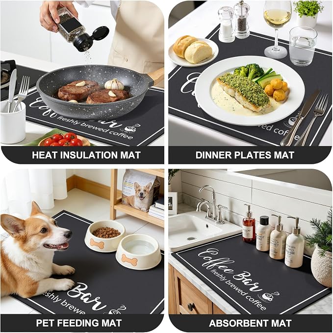 Findosom Dish Drying Mat, 16" x 18" Super Absorbent & Hide Stain Coffee Mat, Cuttable Drying Mat for Kitchen Counter, Coffee Bar Accessories, Under Dish Rack, Coffee Maker, Espresso Machine, Black